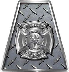 Fire Fighter, EMS, Rescue Helmet Tetrahedron Decal Reflective in Diamond Plate with Maltese Cross