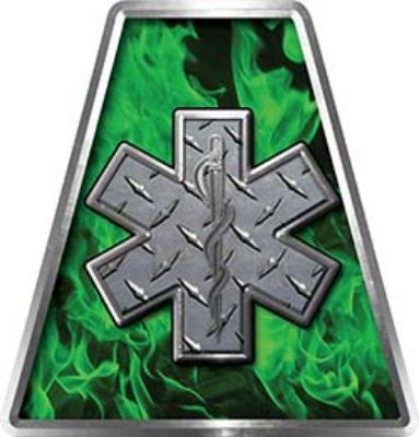 Fire Fighter, EMS, Rescue Helmet Tetrahedron Decal Reflective in Inferno Green with Star of Life