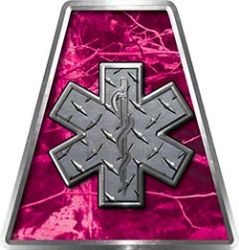 Fire Fighter, EMS, Rescue Helmet Tetrahedron Decal Reflective in Pink Camo with Star of Life