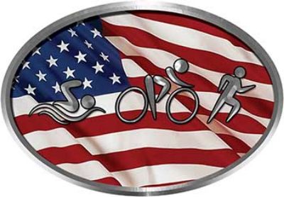 
	Oval Triathlon Marathon Running Decal with American Flag