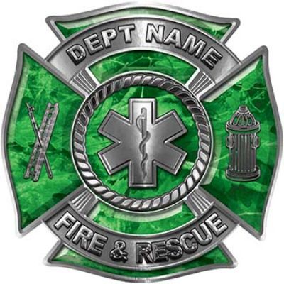 
	Custom Personalized Fire Fighter Decal with Star of Life in Green Camouflage
