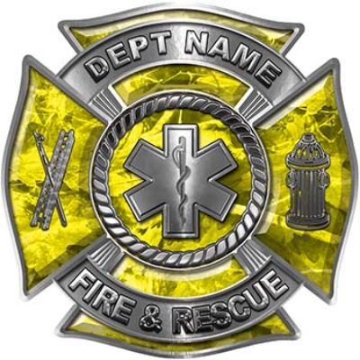 
	Custom Personalized Fire Fighter Decal with Star of Life in Yellow Camouflage
