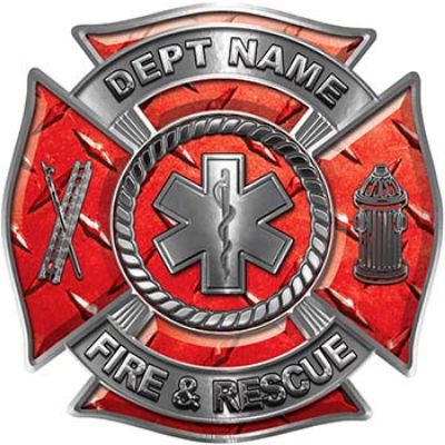 
	Custom Personalized Fire Fighter Decal with Star of Life in Red Diamond Plate
