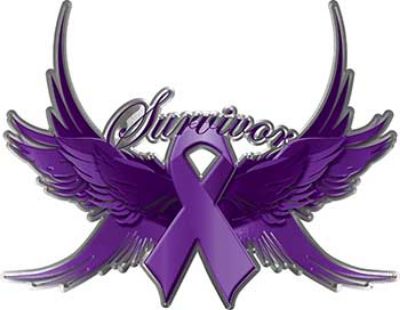 
	Pancreatic Cancer Survivor Purple Ribbon with Flying Wings Decal

