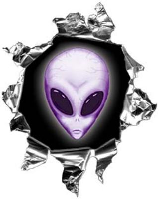 
	Mini Rip Torn Metal Bullet Hole Style Graphic with Purple Alien
