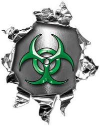 
	Mini Rip Torn Metal Bullet Hole Style Graphic with Green Biohazard Symbol
