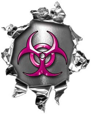 
	Mini Rip Torn Metal Bullet Hole Style Graphic with Pink Biohazard Symbol
