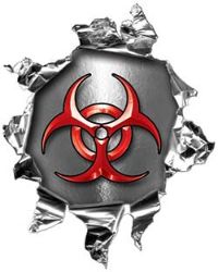 
	Mini Rip Torn Metal Bullet Hole Style Graphic with Red Biohazard Symbol
