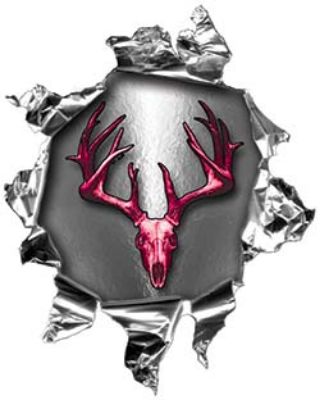 
	Mini Rip Torn Metal Bullet Hole Style Graphic with Pink Deer Hunter Deer Skull
