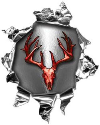 
	Mini Rip Torn Metal Bullet Hole Style Graphic with Red Deer Hunter Deer Skull
