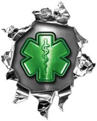 
	Mini Rip Torn Metal Bullet Hole Style Graphic with Green EMS EMT MFR Paramedic Star of Life
