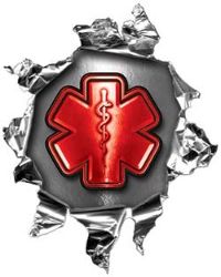 
	Mini Rip Torn Metal Bullet Hole Style Graphic with Red EMS EMT MFR Paramedic Star of Life
