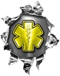 
	Mini Rip Torn Metal Bullet Hole Style Graphic with Yellow EMS EMT MFR Paramedic Star of Life
