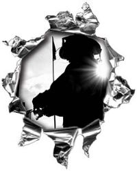 
	Mini Rip Torn Metal Bullet Hole Style Graphic with Firefighter Silhouette
