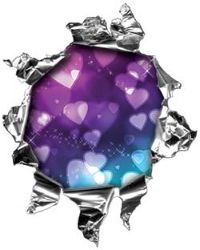 
	Mini Rip Torn Metal Bullet Hole Style Graphic with Purple to Blue Hearts
