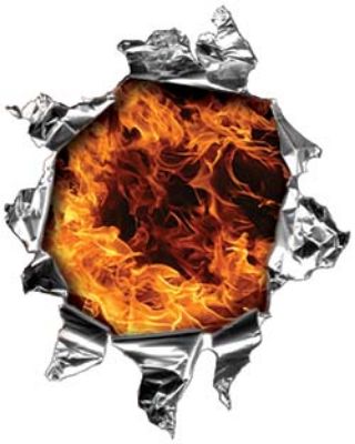 
	Mini Rip Torn Metal Bullet Hole Style Graphic with Inferno Flames
