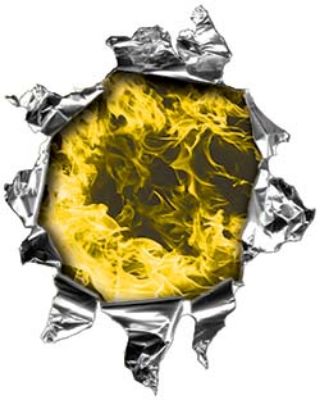 
	Mini Rip Torn Metal Bullet Hole Style Graphic with Yellow Inferno Flames
