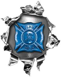 
	Mini Rip Torn Metal Bullet Hole Style Graphic with Blue Firefighter Maltese Cross
