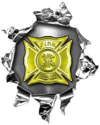 
	Mini Rip Torn Metal Bullet Hole Style Graphic with Yellow Firefighter Maltese Cross
