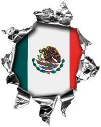 
	Mini Rip Torn Metal Bullet Hole Style Graphic with Mexican Spanish Flag
