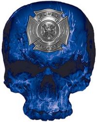 
	Skull Decal / Sticker with Blue Inferno Flames and Firefighter Maltese Cross
