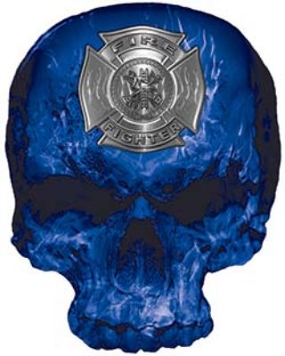 
	Skull Decal / Sticker with Blue Inferno Flames and Firefighter Maltese Cross
