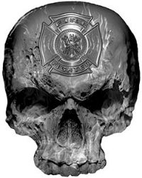 
	Skull Decal / Sticker with Gray Inferno Flames and Firefighter Maltese Cross
