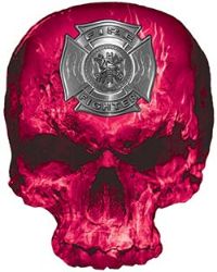 
	Skull Decal / Sticker with Pink Inferno Flames and Firefighter Maltese Cross
