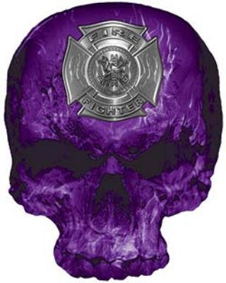 
	Skull Decal / Sticker with Purple Inferno Flames and Firefighter Maltese Cross
