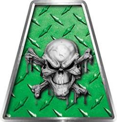 Fire Fighter, EMS, Rescue Helmet Tetrahedron Decal Reflective in Green Diamond Plate with Skull and Crossbones
