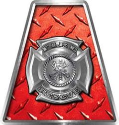 Fire Fighter, EMS, Rescue Helmet Tetrahedron Decal Reflective in Red Diamond Plate with Maltese Cross