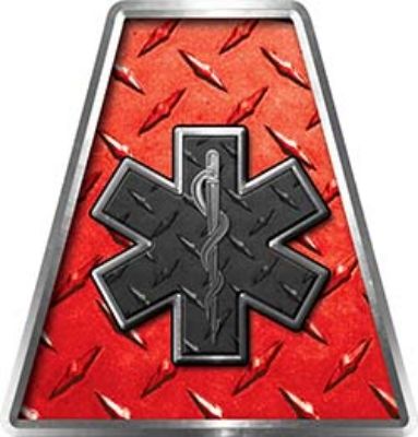 Fire Fighter, EMS, Rescue Helmet Tetrahedron Decal Reflective in Red Diamond Plate with Star of Life