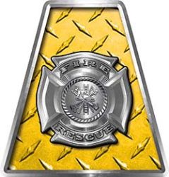Fire Fighter, EMS, Rescue Helmet Tetrahedron Decal Reflective in Yellow Diamond Plate with Maltese Cross