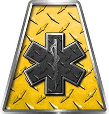 Fire Fighter, EMS, Rescue Helmet Tetrahedron Decal Reflective in Yellow Diamond Plate with Star of Life