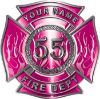 
	Personalized Fire Fighter Maltese Cross Decal with Flames and Number in Pink

