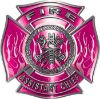
	Fire Assistant Chief Maltese Cross with Flames Fire Fighter Decal in Pink
