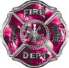 
	Traditional Fire Department Fire Fighter Maltese Cross Sticker / Decal with Pink Evil Skulls
